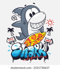 Tubarão bonito desenho animado surf com prancha de surfe amarela isolada no vetor de ilustração de fundo branco, camisetas gráficas para crianças.