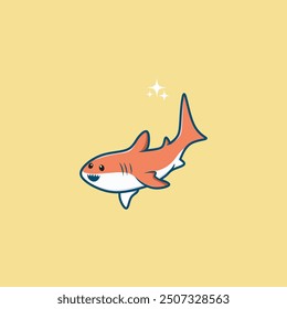 Cute shark cartoon vector illustration, isolated on colorful background. 