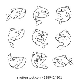 Cute shark character. Coloring Page. Kawaii cartilaginous fish different poses and emotions, love, joy, sadness, anger. Vector drawing. Collection of design elements.