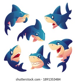 Cute shark character with different emotions isolated on white background. Vector set of cartoon mascot, fish with teeth smiling, angry, hungry, sad and surprised. Creative emoji set, animal chatbot