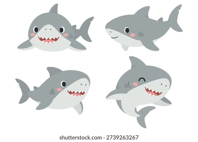 Cute Shark Character Set in Various Poses, Kawaii Great White Shark Mascot Collection, Adorable Sea Predator Animal Vector Illustration for Kids
