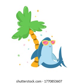 Cute Shark Character in Sunglasses Relaxing under Palm Tree on Exotic Resort Isolated on White Background. Summer Time Vacation, Funny Underwater Predator Animal Icon. Cartoon Vector Illustration