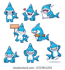 Vector lindo del carácter del tiburón fijado con diversas poses y expresiones. Perfecto para pegatinas y más
