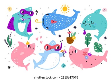 Cute shark characters. Funny ocean animals. Cartoon mascots. Kids sea creatures with faces. Seaweeds and tropical cocktail. Underwater world. Marine life. Vector undersea