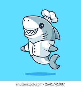 Cute Shark Chef Cartoon Vector Icon Illustration. Animal Food Icon Concept Isolated Premium Vector. Flat Cartoon Style