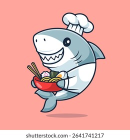 Cute Shark Chef Cooking Ramen Cartoon Vector Icon Illustration. Animal Food Icon Concept Isolated Premium Vector. Flat Cartoon Style