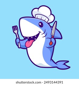 Lindo Chef De Tiburón Que Sostiene La Ilustración Del Icono Del Vector De Dibujos Animados Del Cuchillo Y Del Tenedor. Concepto de ícono de comida animal Vector Premium aislado. Estilo plano de dibujos animados