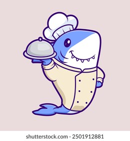 Chef tiburón lindo que sirve la ilustración del icono del Vector de la historieta de la comida. Icono de Profesión Animal Concepto Aislado Premium Vector. Estilo plano de la historieta