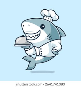 Cute Shark Chef Serving Food Cartoon Vector Icon Illustration. Animal Food Icon Concept Isolated Premium Vector. Flat Cartoon Style