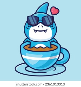 Cute Shark In A Cup Of Coffee Vector Cartoon Illustration