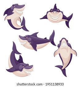 Cute shark. Dangerous fish, ocean creature predator. Swimming smiling sharks mascot. Isolated vector characters. Underwater animals with tooth, fauna creatures swimming in various positions