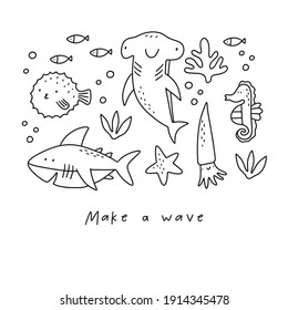 Cute shark in doodle style. Vector print for little kids