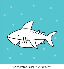 Cute shark in doodle style. Vector print for little kids. Coloring page