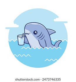 Cute shark drinking from a glass, with a circle frame