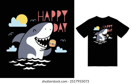 Cute shark eating burger illustration with tshirt design premium vector the Concept of Isolated Technology. Flat Cartoon Style Suitable for Landing Web Pages,T shirt, Flyers, Stickers