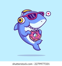 Cute Shark Eating Donut with Headphone Cartoon Vector Icon Illustration. Animal Food Icon Concept Isolated Premium Vector. Flat Cartoon Style