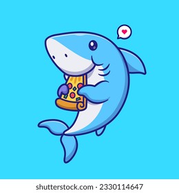 Cute Shark Eating Pizza Cartoon Vektorsymbol Illustration. Tierisches Lebensmittelsymbol Konzept isolierter Premium-Vektorgrafik. Flachbildkartonstil