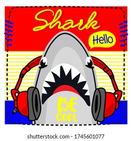 Cute shark with emotions. Vector hand drawn emoji. Listen to music. Funny illustration for messengers, social media, online chats. Summer sea theme Striped background illustration.