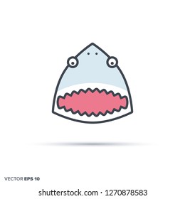 Cute shark face outline vector icon with color fill. Funny animal illustration.
