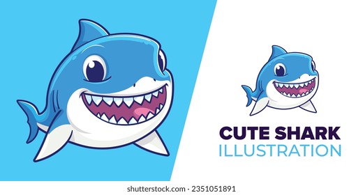 Cute Shark Fish: Zusammenführung von spielerischen Tiernatur-Symbolen in Einzelbild-Cartoon-Illustration