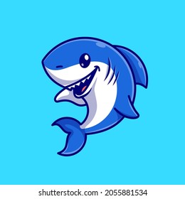 Cute Shark Fish Cartoon Vector Icon Illustration. Animal Nature Icon Concept Isolated Premium Vector. Flat Cartoon Style