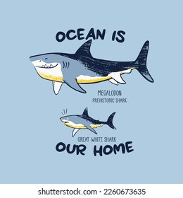 cute shark fish with ocean slogan suitable for apparel