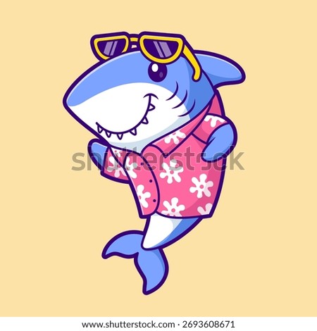 Cute Shark Fish Wearing Summer Outfit Holiday Cartoon Vector Icon Illustration. Animal Holiday Icon Concept Isolated Premium Vector. Flat Cartoon Style