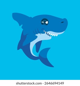 Tubarão bonito com um sorriso amigável e expressão divertida, perfeito para conteúdo infantil, vida marinha, desenhos animados e projetos temáticos oceânicos.
