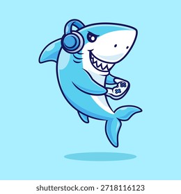 Cute Shark Gaming Cartoon Vector Icon Illustration. Animal Technology Icon Concept Isolated Premium Vector. Flat Cartoon Style