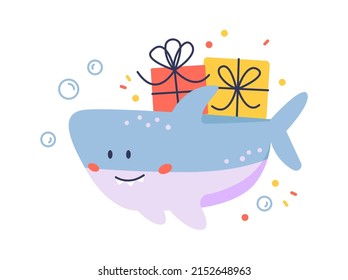 Cute Shark with gift boxex Childish Design. Vector illustration