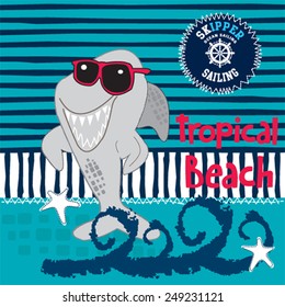 cute shark with glasses striped background vector illustration