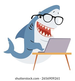 Netter Hai in Brille, der am Laptop arbeitet.  Flache Vektorgrafik im einfachen Kinderstil auf weißem Hintergrund.