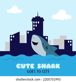 Cute shark goes to city. Suitable for children's products