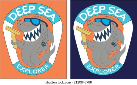 Cute Shark graphic and slogan. Isolated octopus on orange and navy background