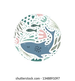 Cute shark, hand drawn color vector circle pattern. Ocean character cartoon style. Sketch sea animals. Web, label, decor apparel