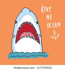 Cute Shark hand drawn sketch, T-shirt print design vector illustration.