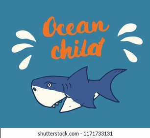 Cute Shark hand drawn sketch, T-shirt print design vector illustration.