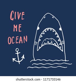 Cute Shark hand drawn sketch, T-shirt print design vector illustration.