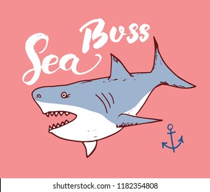 Cute Shark hand drawn sketch, T-shirt print design vector illustration.