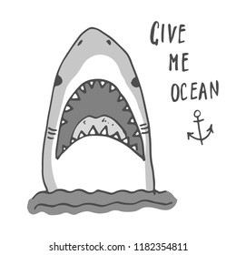 Cute Shark hand drawn sketch, T-shirt print design vector illustration.