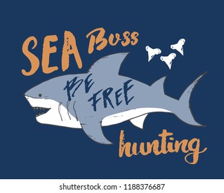 Cute Shark hand drawn sketch, T-shirt print design vector illustration.