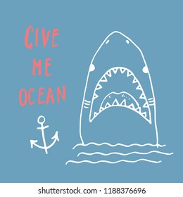 Cute Shark hand drawn sketch, T-shirt print design vector illustration.