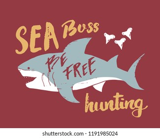 Cute Shark hand drawn sketch, T-shirt print design vector illustration.