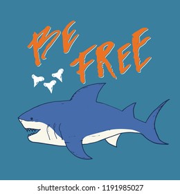 Cute Shark hand drawn sketch, T-shirt print design vector illustration.