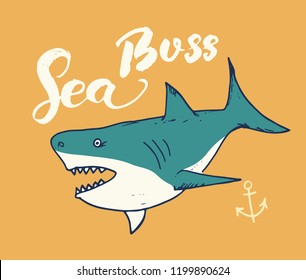 Cute Shark hand drawn sketch, T-shirt print design vector illustration.