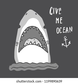 Cute Shark hand drawn sketch, T-shirt print design vector illustration.