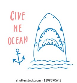 Cute Shark hand drawn sketch, T-shirt print design vector illustration.