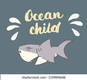 Cute Shark hand drawn sketch, T-shirt print design vector illustration.