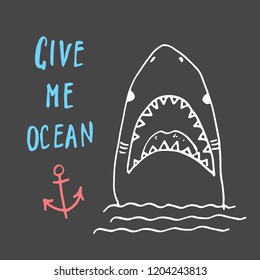 Cute Shark hand drawn sketch, T-shirt print design vector illustration.