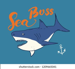 Cute Shark hand drawn sketch, T-shirt print design vector illustration.